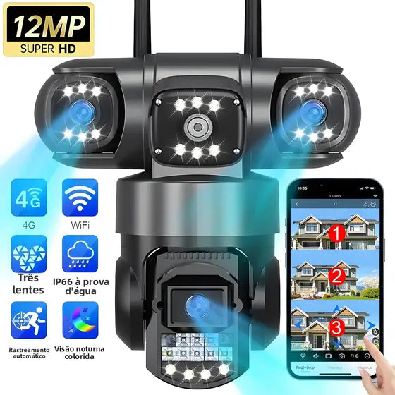 Câmera de Segurança DTK170 WiFi 4G com Zoom 10X e Lente Tripla de 12MP